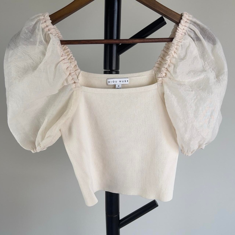 Miou Muse Cream Ribbed Puff Sleeve Crop Top Size M